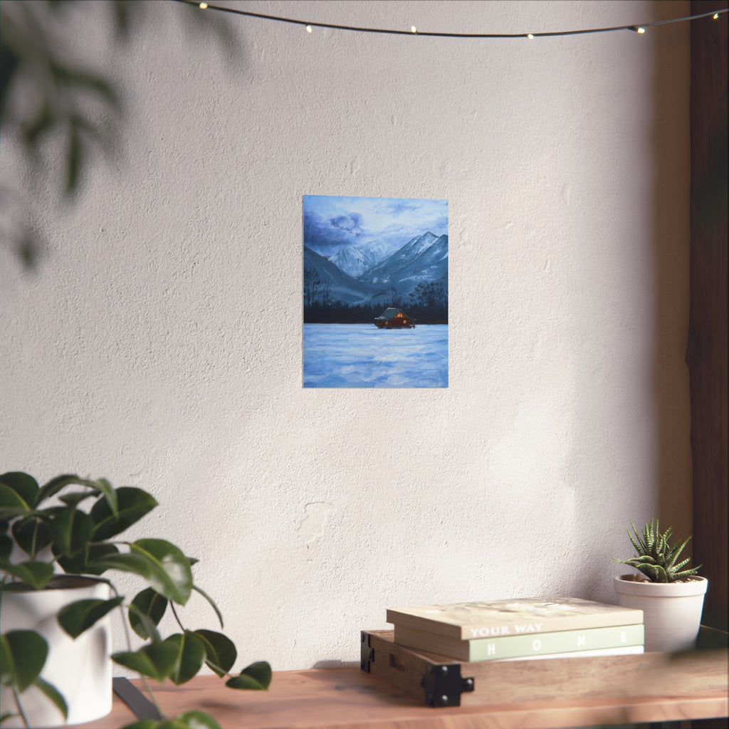 Fine Art Poster — Cozy Mountain Cabin Winter Landscape Print