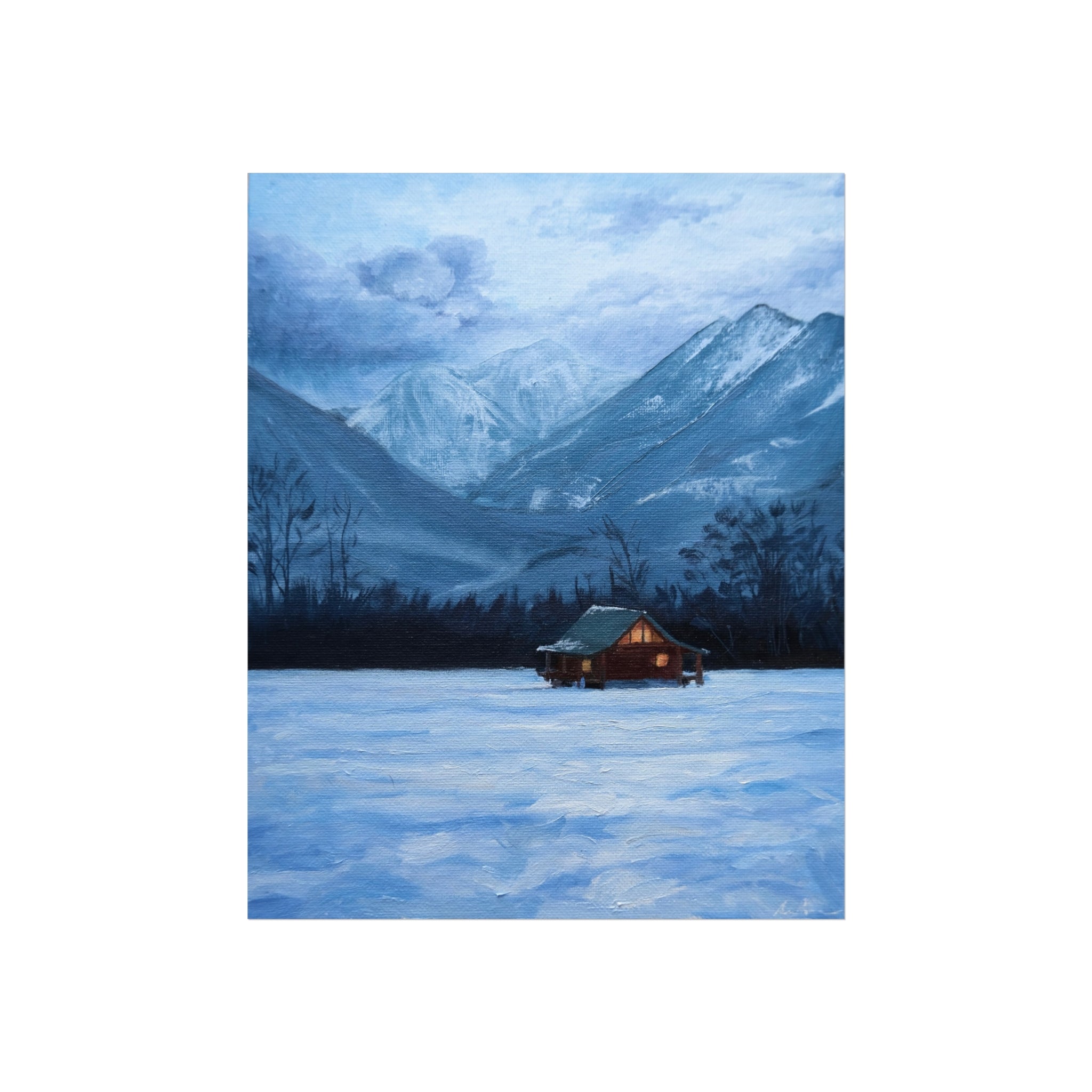 Fine Art Poster — Cozy Mountain Cabin Winter Landscape Print